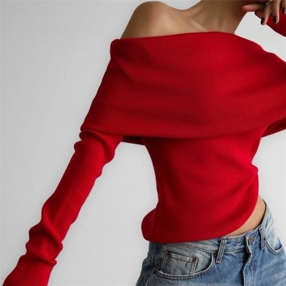 Off-Shoulder Red Foldover Sweater Top - Picture 2 of 6